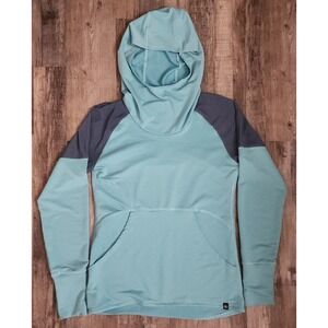 Flylow Ellie Hoodie Women Small Blue Base Layer Thumbhole Gaiter Hooded Shirt